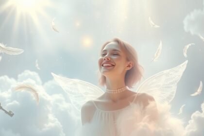 Giovane donna felice con ali angeliche in un cielo sereno.