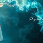 Donna che sogna in abito da sposa con sfondo stellato e mistico