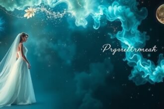 Donna che sogna in abito da sposa con sfondo stellato e mistico