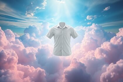 Camicia bianca fluttuante tra le nuvole, simbolo di purezza e nuovi inizi.