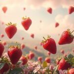 Fragole che fluttuano sopra un campo fiorito al tramonto.