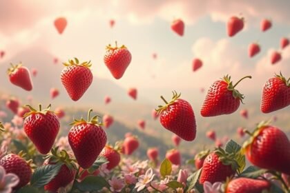 Fragole che fluttuano sopra un campo fiorito al tramonto.