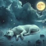 Cane bianco che giace in uno scenario onirico notturno