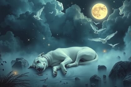 Cane bianco che giace in uno scenario onirico notturno