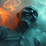 Immagine di un morto che ride con elementi onirici e simboli misteriosi.