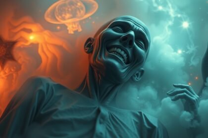 Immagine di un morto che ride con elementi onirici e simboli misteriosi.