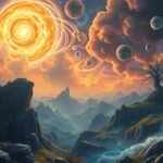 Paesaggio surreale con un sole luminoso e pianeti in un cielo fantastico