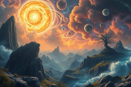 Paesaggio surreale con un sole luminoso e pianeti in un cielo fantastico