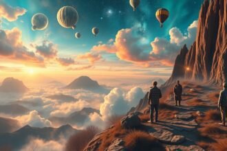 Paesaggio onirico con persone e mongolfiere al tramonto.