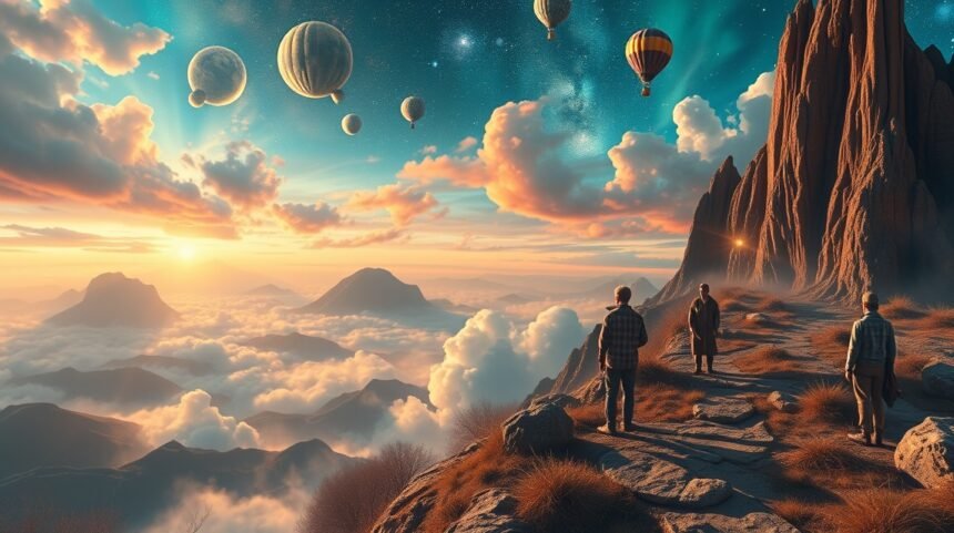 Paesaggio onirico con persone e mongolfiere al tramonto.