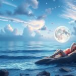 Ragazza rilassata su una roccia al mare sotto il cielo sereno.