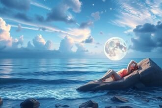 Ragazza rilassata su una roccia al mare sotto il cielo sereno.