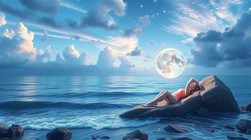 Ragazza rilassata su una roccia al mare sotto il cielo sereno.