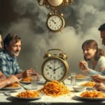 Famiglia riunita attorno a un tavolo con pasta e orologi