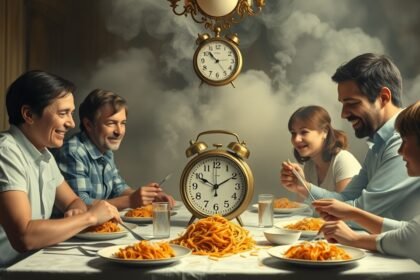 Famiglia riunita attorno a un tavolo con pasta e orologi