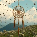 Un sogno con tante api e un catturatore di sogni in un paesaggio naturale.