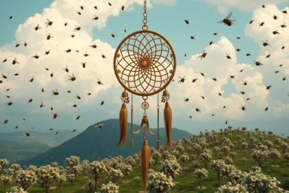 Un sogno con tante api e un catturatore di sogni in un paesaggio naturale.