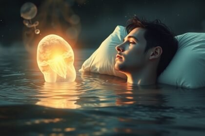 Giovane in acqua riflettendo su simboli di malessere interiore