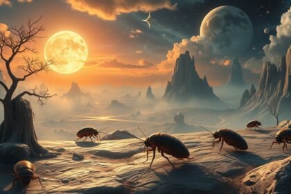 Scarafaggi in un paesaggio onirico al chiaro di luna