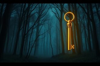 Chiave dorata sospesa in un bosco misterioso e nebbioso