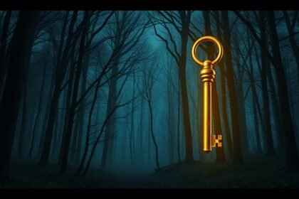 Chiave dorata sospesa in un bosco misterioso e nebbioso