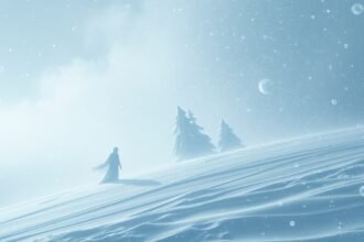 Una figura solitaria cammina su un paesaggio innevato e silenzioso.