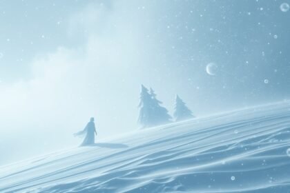 Una figura solitaria cammina su un paesaggio innevato e silenzioso.