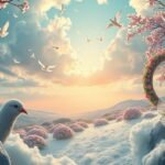 Paesaggio da sogno con fiori, uccelli e un anello di matrimonio.