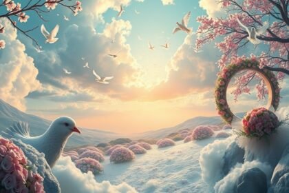 Paesaggio da sogno con fiori, uccelli e un anello di matrimonio.