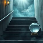 Scalinata misteriosa con sfera di cristallo e luce soprannaturale