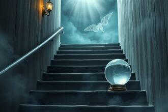 Scalinata misteriosa con sfera di cristallo e luce soprannaturale