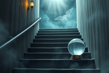 Scalinata misteriosa con sfera di cristallo e luce soprannaturale