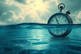 Orologio sommerso in acqua con nuvole sullo sfondo