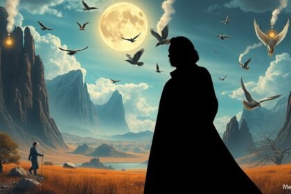 Un paesaggio onirico con una figura che sogna di incontrare un personaggio famoso.