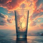 Un bicchiere di vetro incrinato al tramonto, simbolo di fragilità e pericoli.