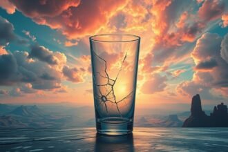 Un bicchiere di vetro incrinato al tramonto, simbolo di fragilità e pericoli.