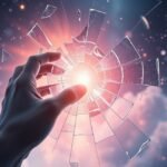 Mano che tocca un vetro rotto illuminato da una luce misteriosa