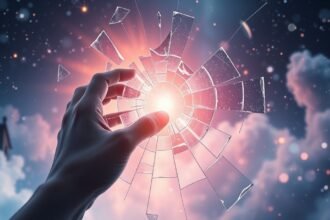 Mano che tocca un vetro rotto illuminato da una luce misteriosa