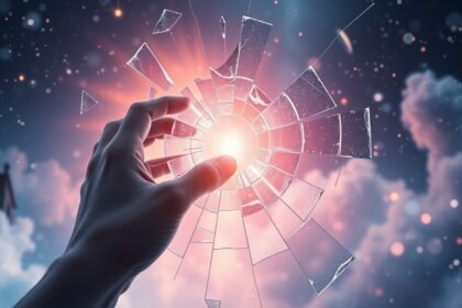 Mano che tocca un vetro rotto illuminato da una luce misteriosa