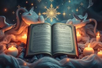 Libro aperto sulla interpretazione dei sogni con candele e simboli mistici.