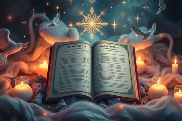 Libro aperto sulla interpretazione dei sogni con candele e simboli mistici.