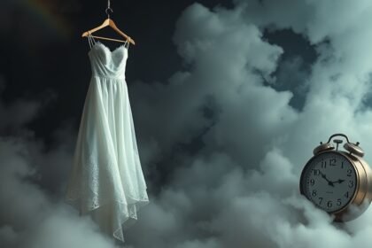 Abito da sposa bianco appeso tra le nuvole con un orologio