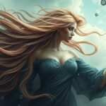 Donna con capelli lunghi fluttuanti in un'atmosfera onirica e misteriosa.