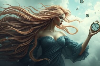 Donna con capelli lunghi fluttuanti in un'atmosfera onirica e misteriosa.