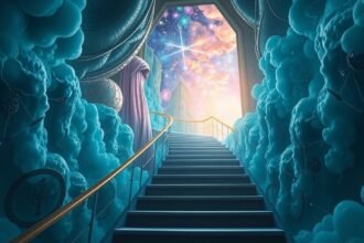 Scalinata che porta a un'atmosfera onirica e celestiale.