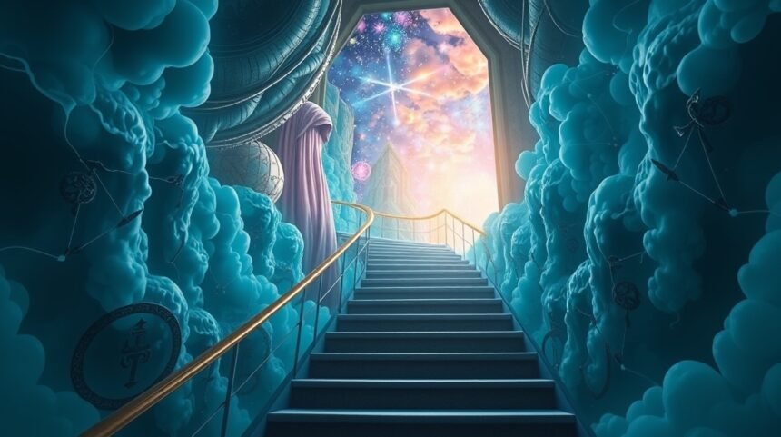 Scalinata che porta a un'atmosfera onirica e celestiale.