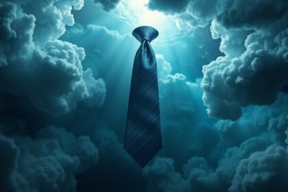 Cravatta blu sospesa tra le nuvole simbolo di formalità nei sogni