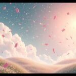 Confetti colorato che cade tra nuvole soffici in un cielo sereno.