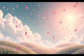 Confetti colorato che cade tra nuvole soffici in un cielo sereno.