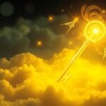 Chiave dorata tra nuvole gialle simboleggia gioia e significato nei sogni.